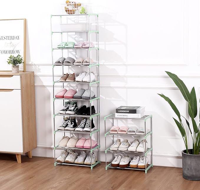 Jucaifu Stackable Small Shoe Rack, Entryway, Hallway and Closet Space Saving Storage and Organization (3-Tier, Green)