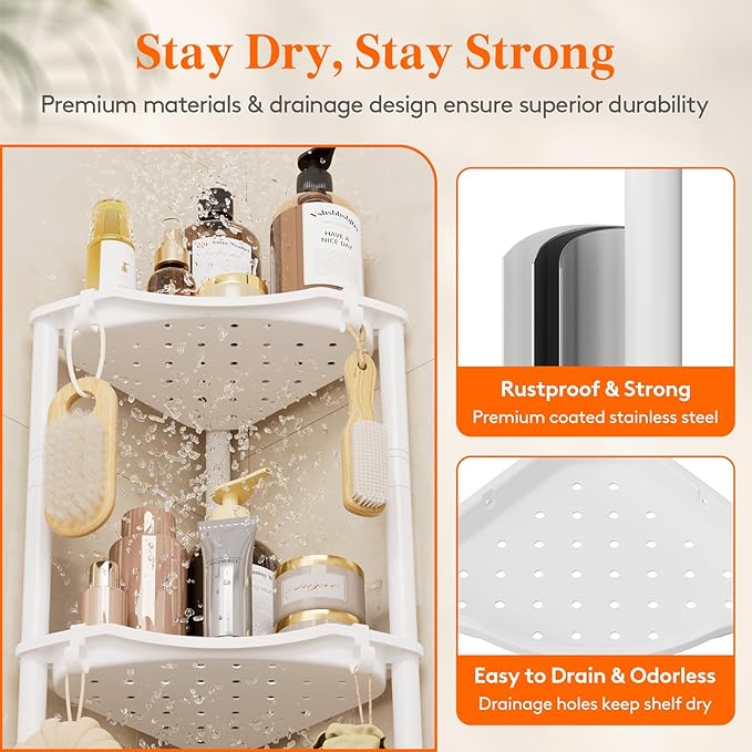 Lifewit Floor Standing Shower Caddy Corner, 3 Tier Plastic Shower Stand Rack with Adjustable Feet and Hooks, Rustproof Bathroom Shelf Organizer, White, 34 x 24 x 75 cm/13 x 9.5 x 29.5 inch
