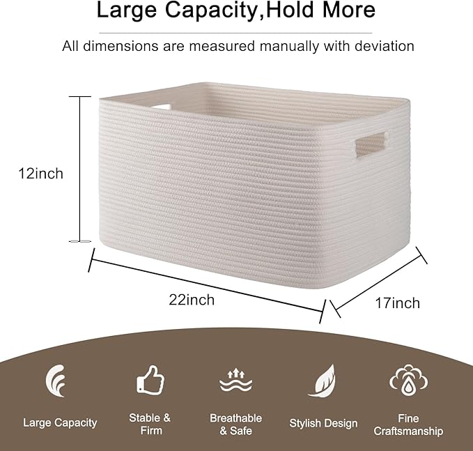 OIAHOMY 75L Large Blanket Basket, Woven Cotton Rope Baskets for Organizing, 22”x17”x12”, Blanket Basket living Room, Bedroom, Nursery, Dog Toy Storage Bins, White