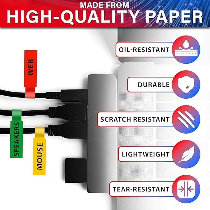 240 PCS Wire Tags for Cable Management – Cable Labels for Cords in 8 Colors - Durable, Self-Adhesive Cord Label Set, Tear-Resistant & Waterproof Wire Labels Tags - Compatible with Laser Printers