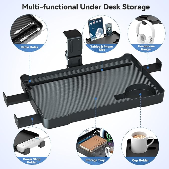 Under Desk Organizer, 360° Rotating Clamp-On Tray with Headphone Hook