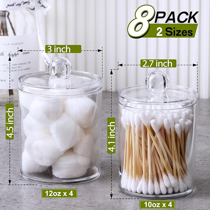 8 Pack Acrylic Qtip Holder Dispenser with Lids & Labels, Cotton Swab, Ball