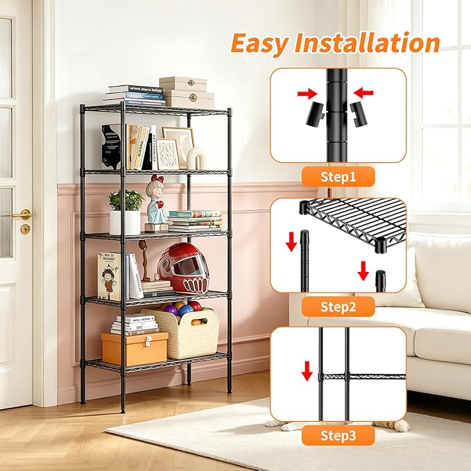 5-Tier Wire Storage Shelves with Wheels, 14 x 30 x 61, Black