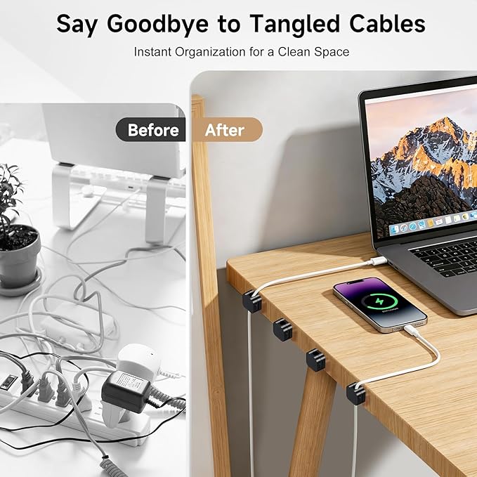 10 Pack Magnetic Cable Clips, Cord Organizer with Strong Adhesive Cord Holder for Nightstand, Desk, Home Office, Car, Phone Charger, USB, HDMI Cable Holder, Black