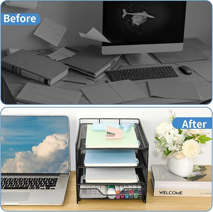 OPNICE Desk Organizers and Accessories, 4-Tier Desktop File Organizer with Drawer, Office Desk Accessories & Workspace Organizers for Office, Home Supplies(Black)