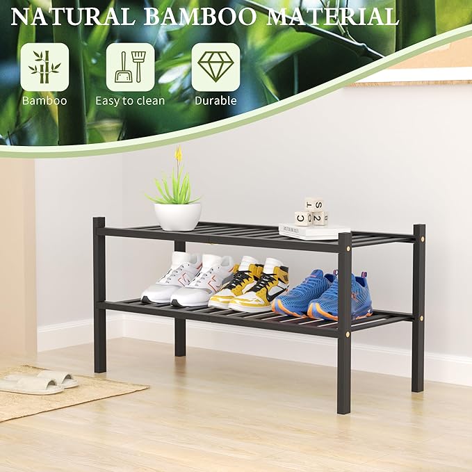 CRAFT 2 Tier Bamboo Shoe Rack for Closet Free Standing Wood Shoe Shelf, Black