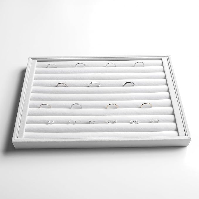 Frebeauty Stackable Velvet Jewelry Organizer Trays for Drawers Inserts Jewelry Storage Tray Display Case, Stud Earrings Bracelets Necklace Rings Accessories Trays for Women(Set of 4)(White)