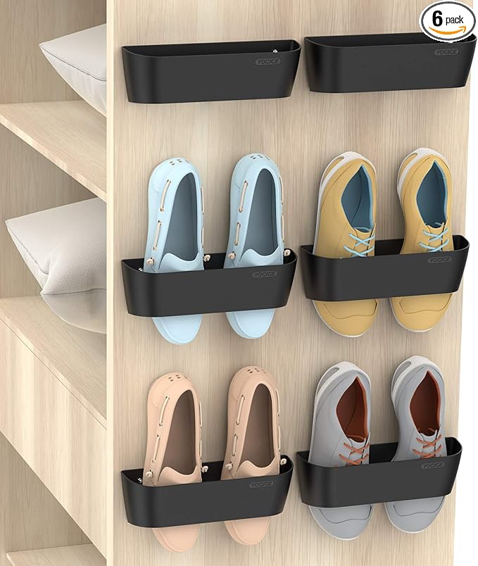 Wall Mounted Shoes Rack 6Pack with Sticky Hanging Strips, SM03-Black-6