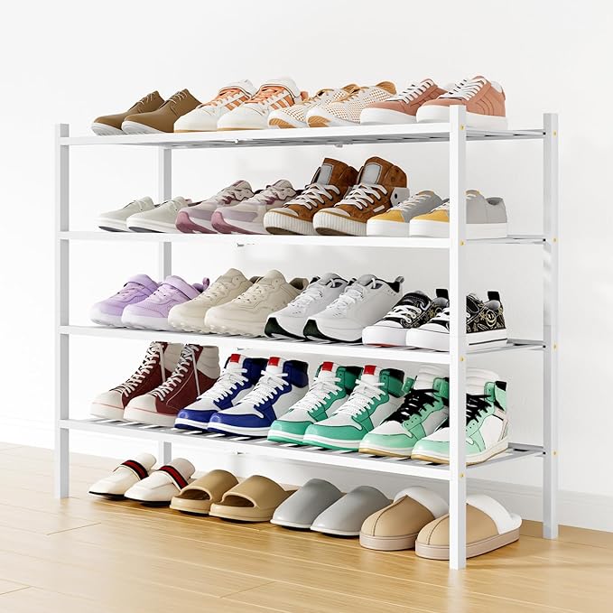 Smiry Long Bamboo Shoe Rack, 4 Tier Free Standing Wooden Shoe Organizer, Stackable Wood Shoe Storage Shelf for Closet, Entryway, 12 Vertical Slats, 2+2 Stack Standard Legs, 33.7"x11"x26", White