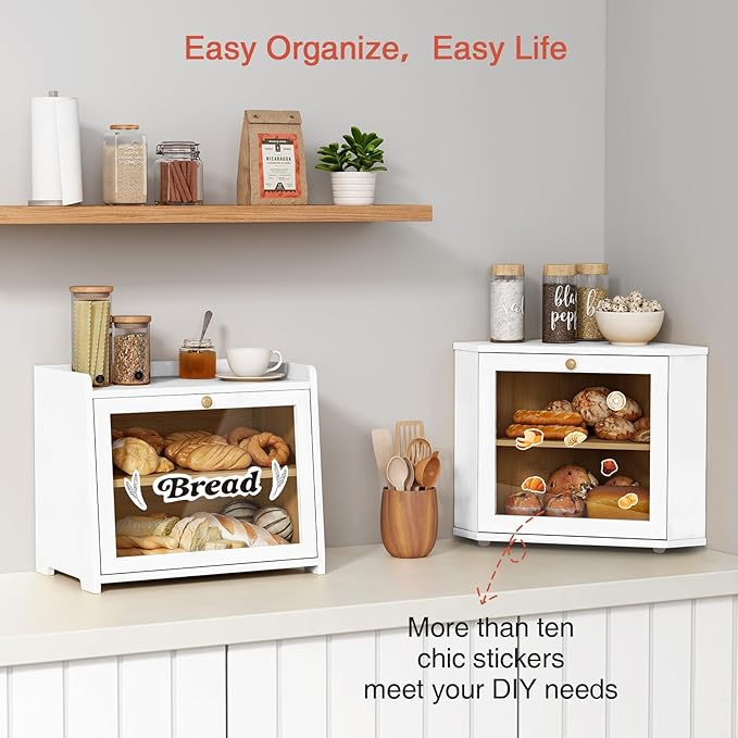 White Corner Bread Box for Kitchen Countertop