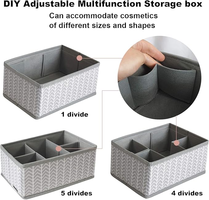 Cosmetic Storage Bins Makeup Organizer, Adjustable Multifunction Storage Box Desk Drawer Divider for Makeup Brushes, Bathroom Countertop or Dresser, Set of 3 (Grey)