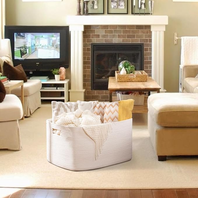 XXLarge Rectangle Blanket Basket-96L, Cotton Woven Basket for Storage, White
