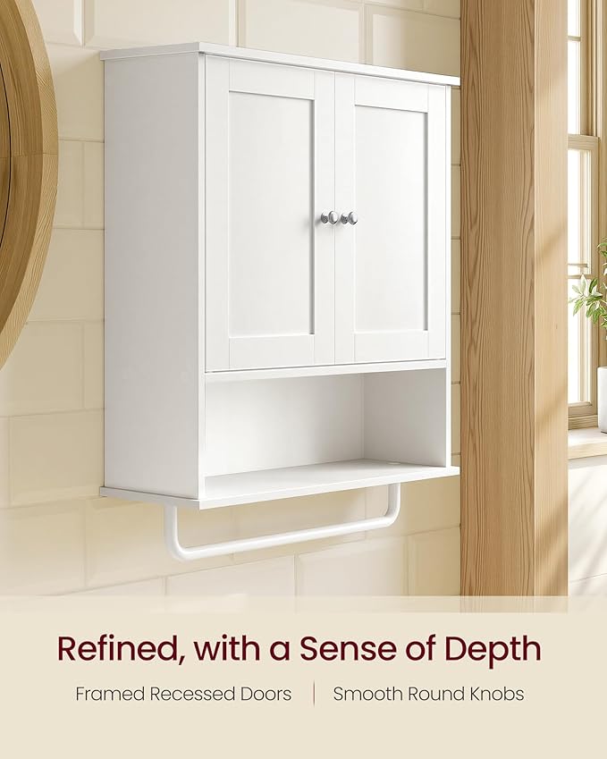 VASAGLE Siren Collection - Hanging Bathroom Cabinet with Towel Rod, Farmhouse Wall Storage Cabinet, with Adjustable Shelf, and Doors, 7.9 x 20 x 23.6 Inches, Cloud White UBBK149WB01S