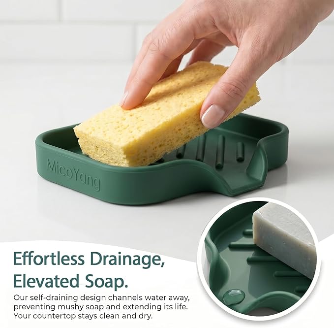 MicoYang Silicone Soap Dish with Drain Spout — Self-Draining Sink Organizer Tray for Bathroom & Kitchen, Holds Bar Soap, Sponges & Dispensers, Non-Slip & Dishwasher Safe, Green (Small, 4.9"×3.2")