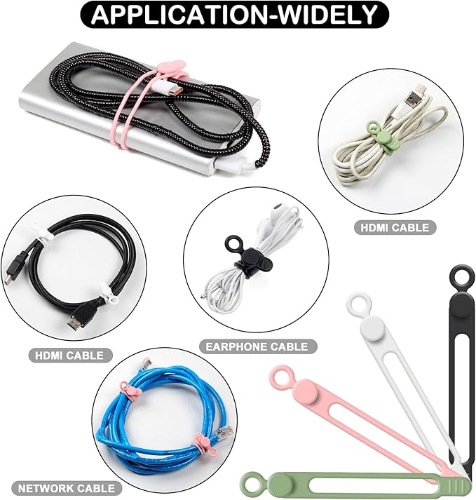 50Pcs Cord Organizer Kit, Reusable Silicone Cable Ties, Strong Adhesive Cable Clips for Cable Management, Multipurpose Wire Management for Bundling and Fastening Various Wires (6 Colors)