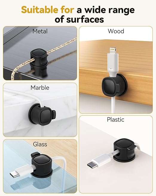 INCHOR Rotatable Cord Organizer 6Pack, Spring Cable Clips With Clasp Lock, No-Residue Adhesive Cable Organizer, Cord Holder for Nightstand Car Home Office (Black)