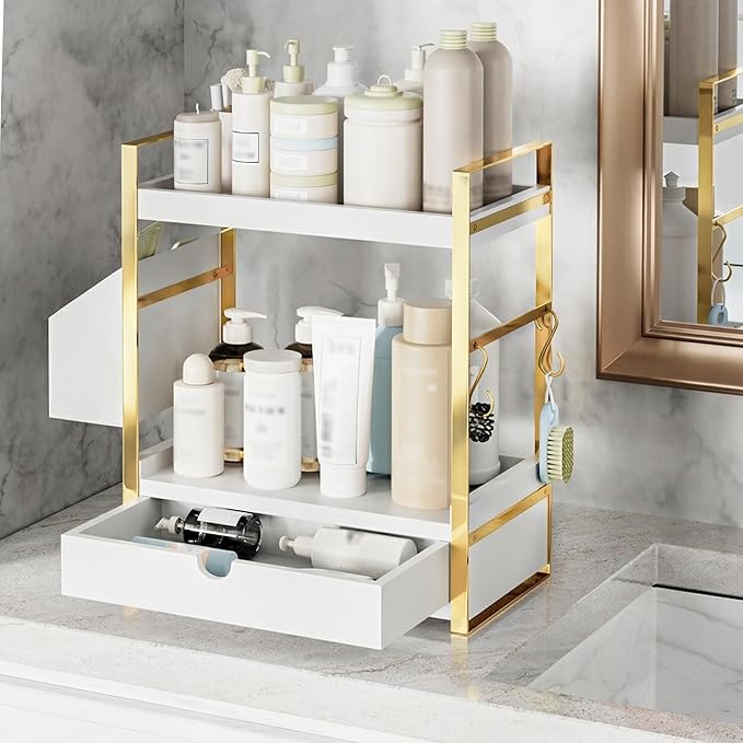 2-Tier Bathroom Counter Organizer with Drawer and Basket, White-gold