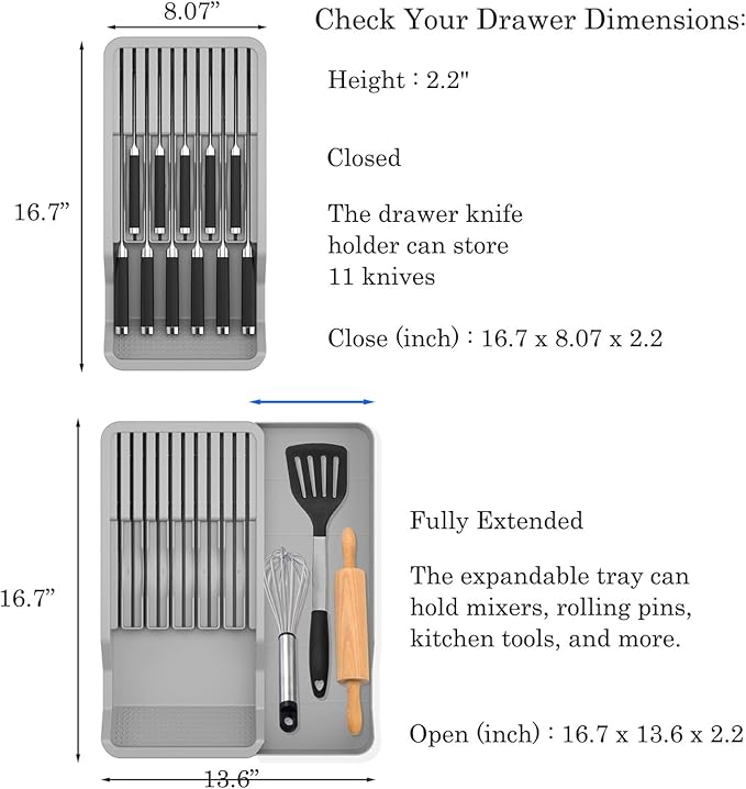 Expandable Drawer Knife Insert Organizer - Plastic Knife Storage Tray for Kitchen Drawers, Adjustable to Fit 11 Knives, BPA-Free, Ventilated, Space-Saving, Easy to Clean