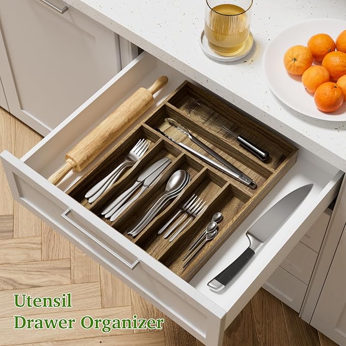 Kiasthome Acacia Wood Silverware Drawer Organizer, 7 Slots
