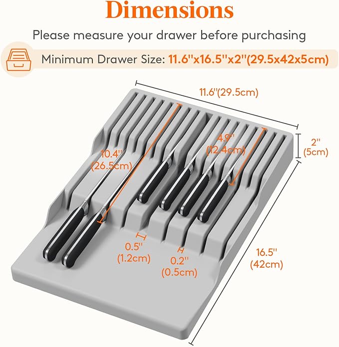 Lifewit Magnetic Drawer Knife Organizers Insert, Kitchen Plastic In Drawer Knife Block Slots, Steak Chefs Knives Holder Storage for 16 Knives and 1 Sharpening Steel, Extra Large, Gray, 16.5"/42 cm(W)