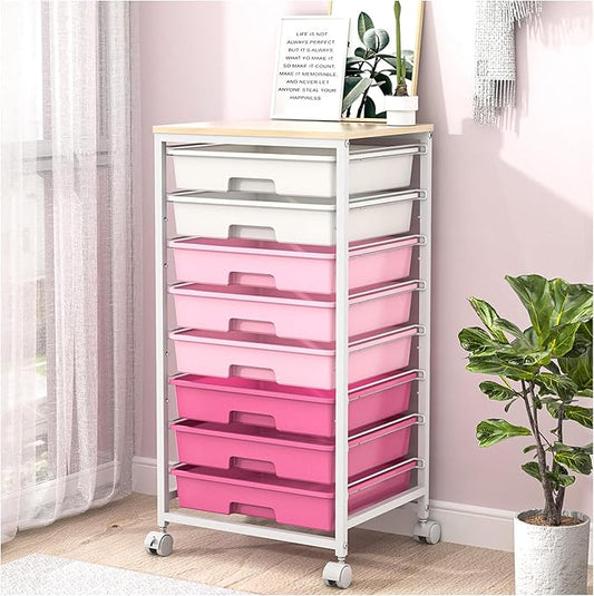 Rolling Cart with Drawers, Storage Cart with 8 Drawers and Wooden Tabletop