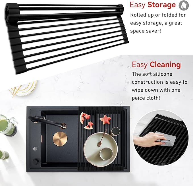MERRYBOX Roll Up Dish Drying Rack, Silicone Wrapped Over The Sink Dish Rack Foldable Dish Drainer Anti-Slip Dish Racks for Kitchen Counter, Multipurpose Kitchen Sink Drying Rack, 18" x 13", Black