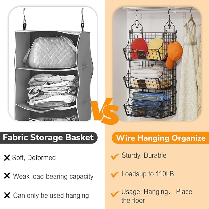 Hanging Closet Organizers and Storage, 3 Tier Closet Shelf Clothes Organizer with 2 S-Hooks, Multi-Functional Iron Wire Baskets, for Clothing, Sweaters, Handbags, Hat, Canned