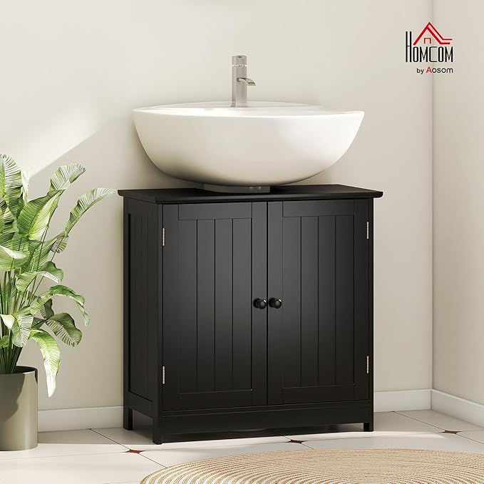 Under Sink Bathroom Cabinet, Pedestal Sink Storage Cabinet with 2 Doors, Black