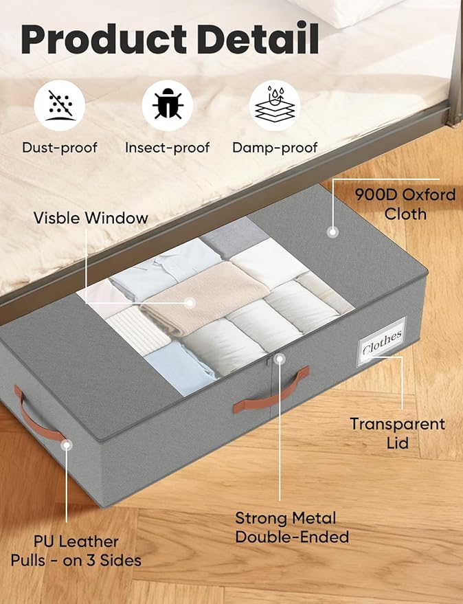 2-Pack Under Bed Storage Drawers with Wheels, 6 Vacuum Bags, 7.9" Height, Gray