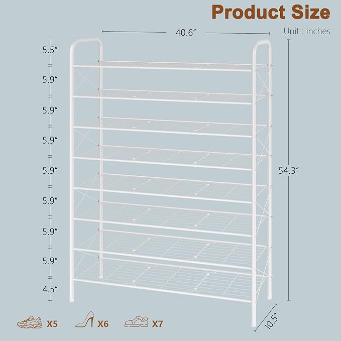 Hoctieon 8 Tier Shoe Rack for Closet, Durable Mesh Style Shoe Rack, Entryway Shoe Shelf, Shoe Storage Organizer for Hallway, Bedroom, Living Room, Wardrobe, White