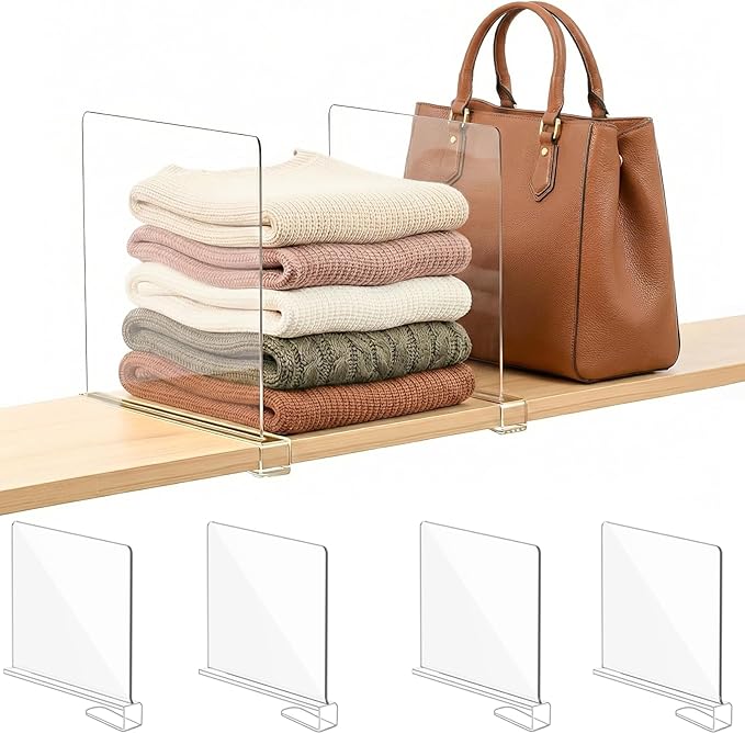 SortNStore Shelf Dividers Purse Organizer for Closet: 11-inch Tall(Extra Tall) Acrylic Sweater Organizer - Upgraded Extra Height for Large Handbags, Totes, Clothes, Towels on Wood Shelves 4-Pack