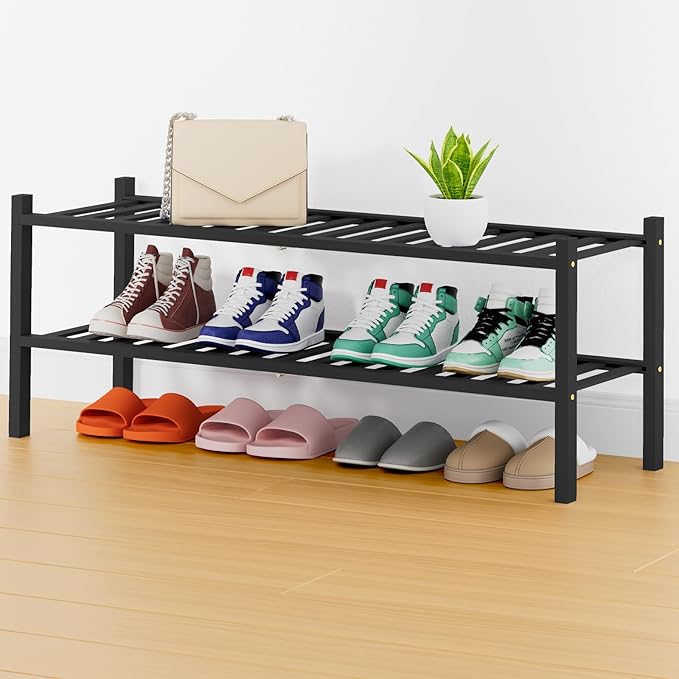 Smiry Long Bamboo Shoe Rack, 2 Tier Free Standing Wooden Shoe Organizer, Stackable Wood Shoe Storage Shelf for Closet, Entryway, 14 Vertical Slats, One-piece Heavy-Duty Legs, 33.7"x11"x13", Black