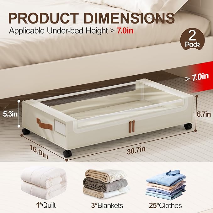 LAMU Under Bed Storage with Wheels, 2 Pack Under Bed Storage Containers with Clear Lid, XXL 60 L Underbed Storage Bins, Rolling Under Bed Metal Drawers for Clothes, Blankets, Shoes, Beige