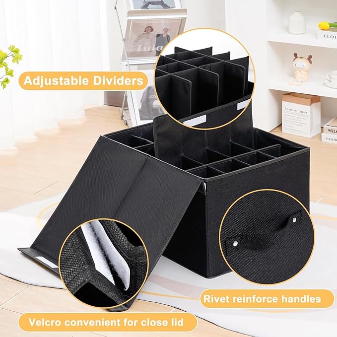 2 Pack Shoe Organizer for Closet, Foldable Shoe Storage Box with Adjustable Dividers, Large Space Saving Shoe Storage Container Fits up to 16 Pairs with Reinforced Handles (Black)