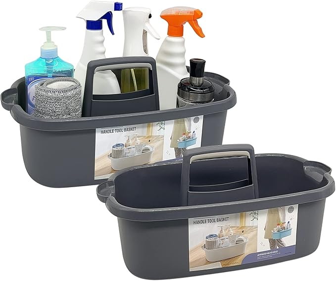 Goderewild 2-Pack Multi-Purpose Plastic Cleaning Caddy with Handle, Shower Caddy Organizer - Storage Basket/Totes Portable for Bathroom Supplies, Cleaning Products, Under Sink Tool. (Gray)