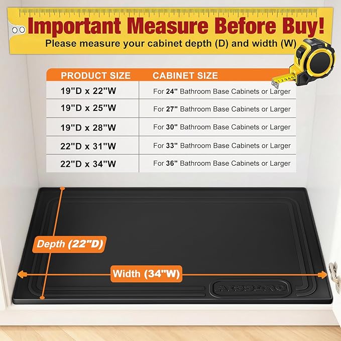 Aisslro Under Sink Mat 34" X 22", Waterproof Silicone Cabinet Organizer Protector with Raised Edge, Kitchen & Bathroom Leak Tray, Shelf Liner & Pet Feeding Mat for Dog Cat Food Mats, Black