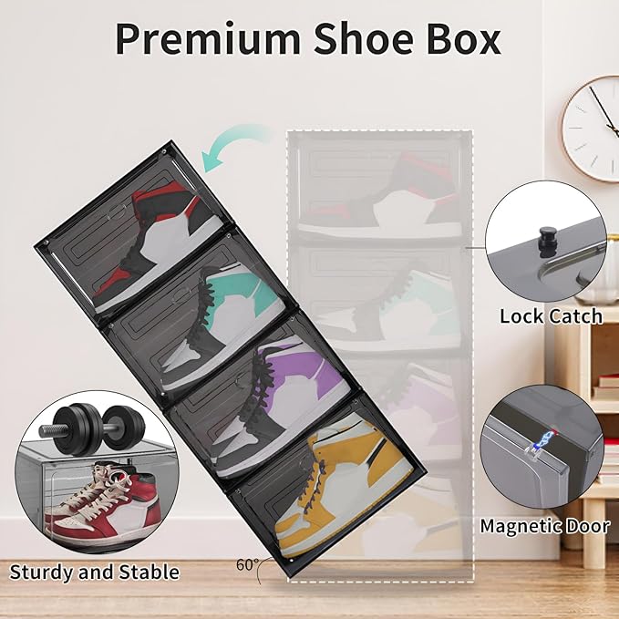 Large Shoe Boxes Clear Plastic Stackable, 8 Pack Drop Side Shoe Storage Organizer with Magnetic Door, Shoe Container Sneaker Storage Display Case Fit up to US Size 13 Black