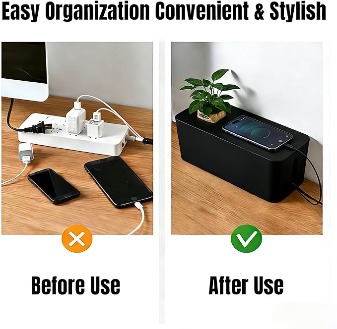 1Large+1Small Cable Organizer Set with 4 Silicone Cable Ties, 2-Piece Cable Management Box, Acrylic Lid Cord Organizer for Home Office,Set of Two Cable Box,Cable Organizer Box(Acryliclid lid/Black)