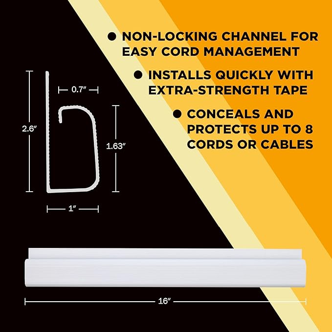 Simple Cord 5 Pack of 16-Inch J Channel Cable Management Under Desk - Easy to Install Adhesive Mount Cord Organizer for Desk, Home Office, No-Drill Wall Cable Organizer (White)