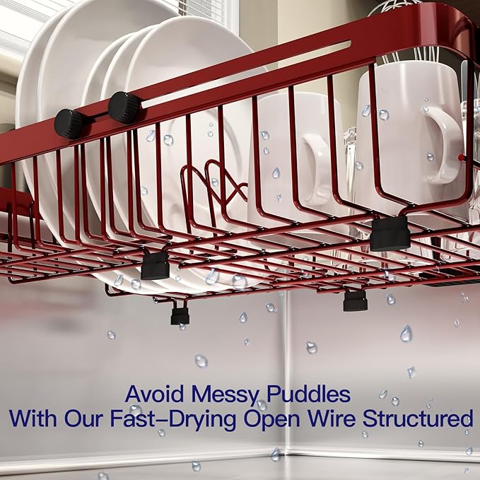MAJALiS Red Dish Drying Rack Over The Sink, Expandable Stainless Steel Dish Drainer for Small Kitchen Counter Space Saving, RV Compact Plate Strainer in Metal with Hanging Adjustable Utensil Holder