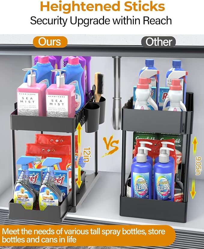 2 Pack Under Sink Organizers and Storage Bathroom, 2 Tier Under Sliding Kicthen Cabinet Basket Organizer with Hooks, Hanging Cup, Dividers, Handles, Multi-purpose Under Sink Shelf Organizer