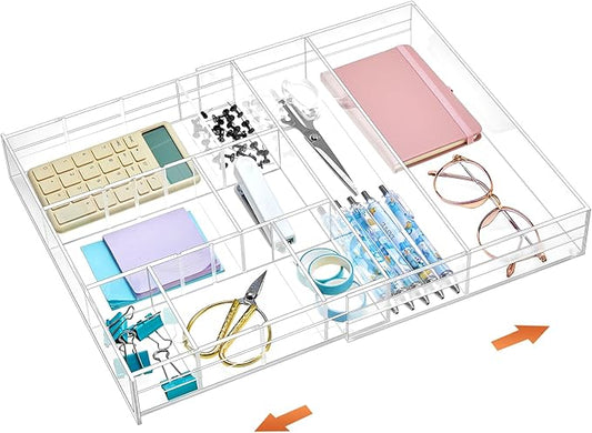 Briwooody Acrylic Drawer Organizer Clear Desk Drawer Organizer Trays with Adjustable Compartments Desk Accessories for Office Stationery Makeup Silverware Bathroom(Expandable)
