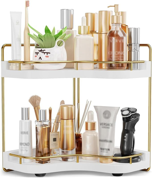 2-Tier Corner Bathroom Counter Organizer with Embedded Screw Holes, White Gold