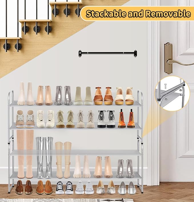SLEEPING LAMB 2-Tier Long Shoe Rack Organizer for Closet, Stackable Wide Shoe Shelf Holds 18-Pairs Low Shoe Storage for Bedroom, Floor, Entryway (Grey)