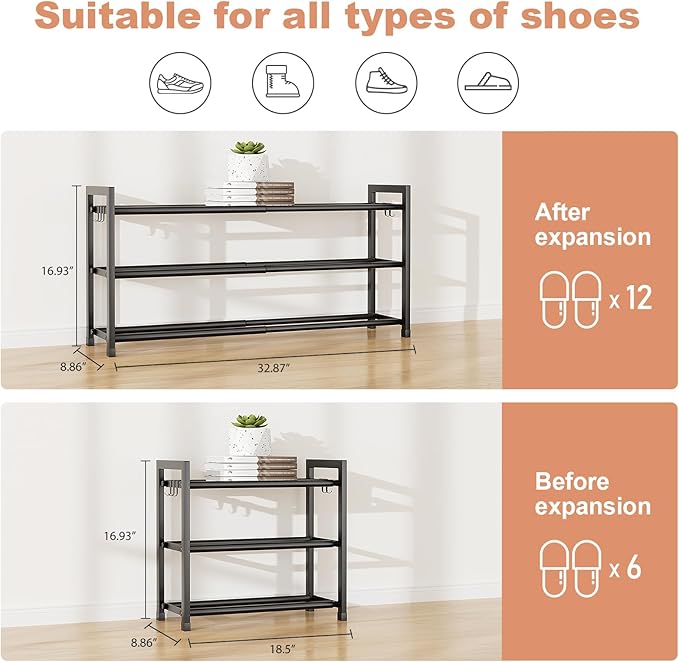 Expandable Shoe Rack for Closet, Bedroom with 5 Hooks