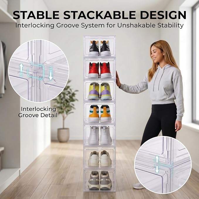 Large Clear Shoe Storage Boxes Stackable, 12 Pack Hard Plastic Shoe Storage Organizer with Magnetic Door, Shoe Container Sneaker Storage Display Case Fit up to US Size 13 Clear