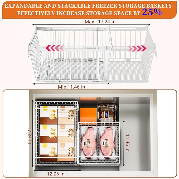 Large Freezer Organizer Bins，Upgraded Bottom Leak-Proof net，2 Pack， Expandable Stackable Chest Freezer Containers with Handle，for Fridge, Deep Freezer, Cabinet, Kitchen, Pantry (White-2Pack)