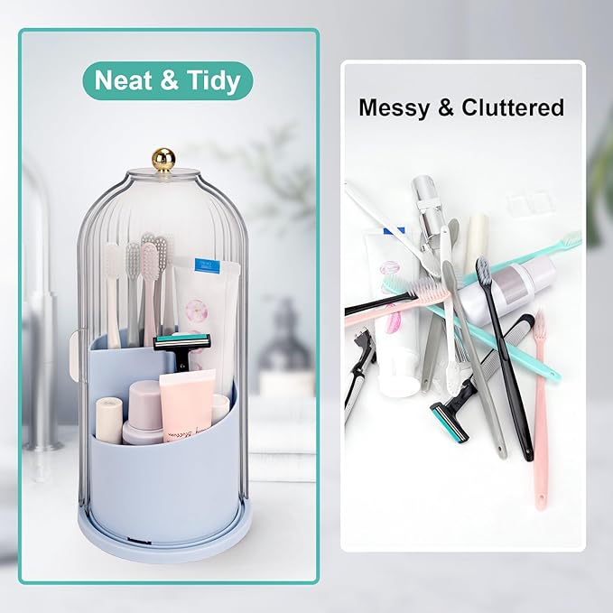 QIYVLOS Toothbrush Holders with Sliding Lid, Rotating 3 Slots Bathroom Organizer Countertop, Tooth Brush Toothpaste Holder Bathroom Counter Stand Sink Organizer Caddy for Makeup Brushes Holder (Blue)