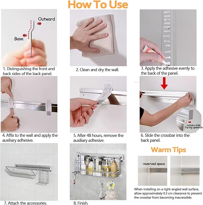 Adhesive Shower Caddy, Shower Organizer with Sliding Rail