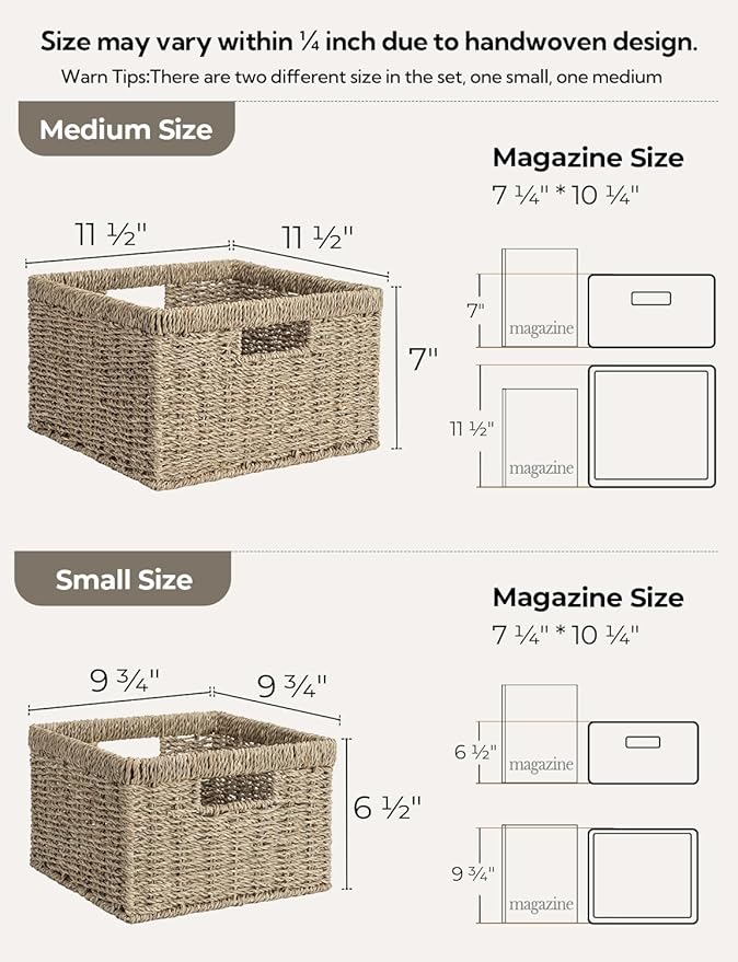 StorageWorks Wicker Storage Baskets, Handwoven Seagrass Basket for Organizing, Decorative Wicker Baskets with Built-in Handles, Set of 2